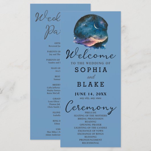 Crescent Moon Starlit Sky Blue bruiloft programma (Voorkant / Achterkant)