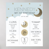 Crescent Moon & Stars Blue 1st Birthday Milestone Poster (Voorkant)