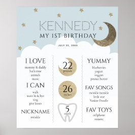 Crescent Moon & Stars Blue 1st Birthday Milestone Poster
