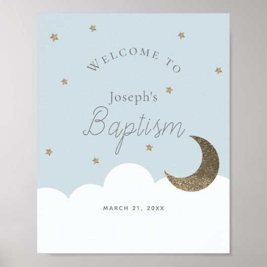 Crescent Moon Stars Blue Boy Baptism Welcome Sign Poster (Voorkant)
