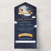 Crescent Moon Stars Elephant Navy Blue Baby shower All In One Uitnodiging (Binnen)