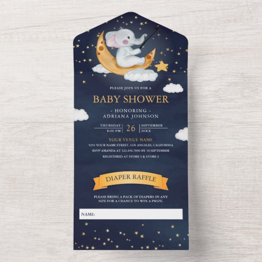 Crescent Moon Stars Elephant Navy Blue Baby shower All In One Uitnodiging (Binnen)