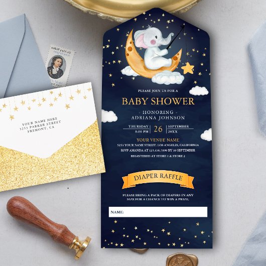 Crescent Moon Stars Elephant Navy Blue Baby shower All In One Uitnodiging