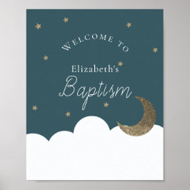 Crescent Moon Stars Navy Blue Baptism Welkomstteke Poster