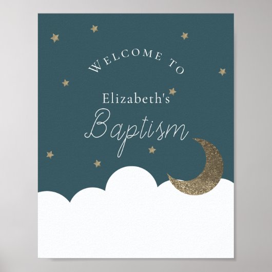 Crescent Moon Stars Navy Blue Baptism Welkomstteke Poster (Voorkant)