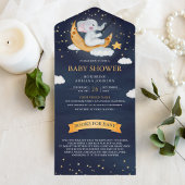 Crescent Moon Stars Navy Blue Elephant Baby shower All In One Uitnodiging