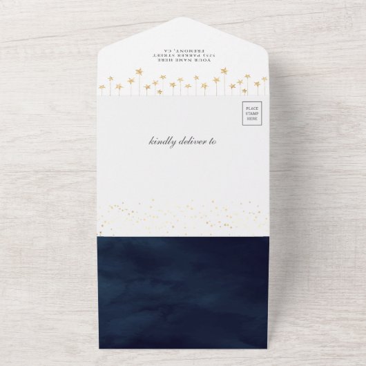 Crescent Moon Stars Navy Blue Elephant Baby shower All In One Uitnodiging (Buitenkant)