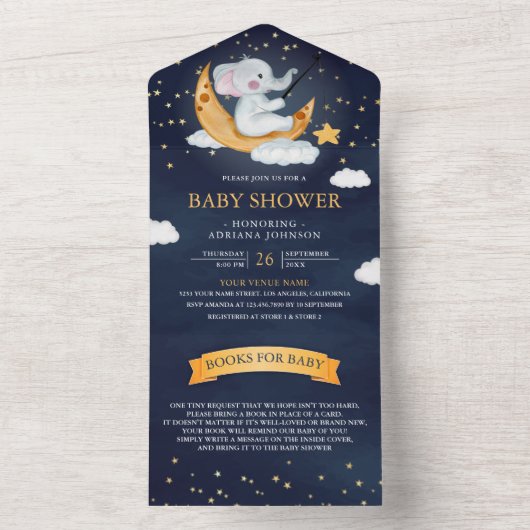 Crescent Moon Stars Navy Blue Elephant Baby shower All In One Uitnodiging (Binnen)