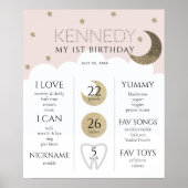 Crescent Moon & Stars Roze 1ste verjaardag Milesto Poster (Voorkant)