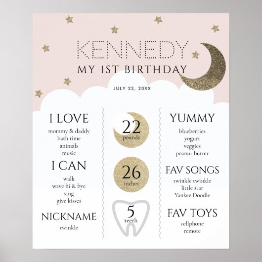 Crescent Moon & Stars Roze 1ste verjaardag Milesto Poster (Voorkant)