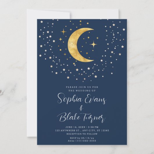 Crescent Moon Sterrennacht Navy Blue Wedding Kaart (Voorkant)