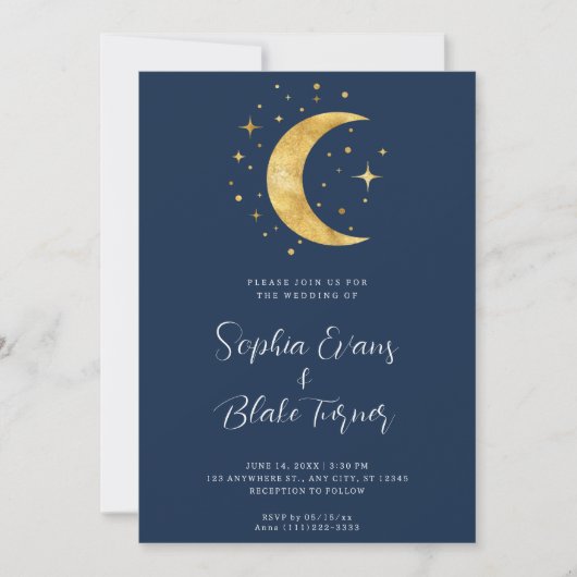 Crescent Moon Sterrennacht Navy Blue Wedding Kaart (Voorkant)