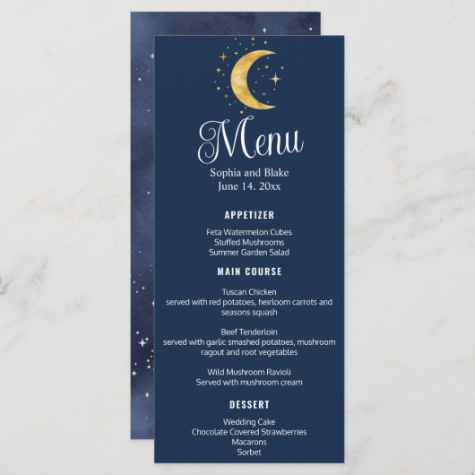 Crescent Moon Sterrennacht Navy Wedding Flat Menu (Voorkant / Achterkant)