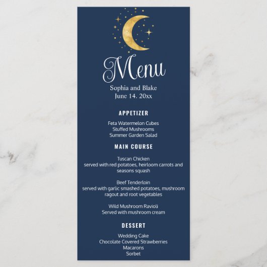 Crescent Moon Sterrennacht Navy Wedding Flat Menu (Voorkant)