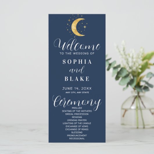 Crescent Moon Sterrennacht Navy Wedding Programme (Staand voorkant)