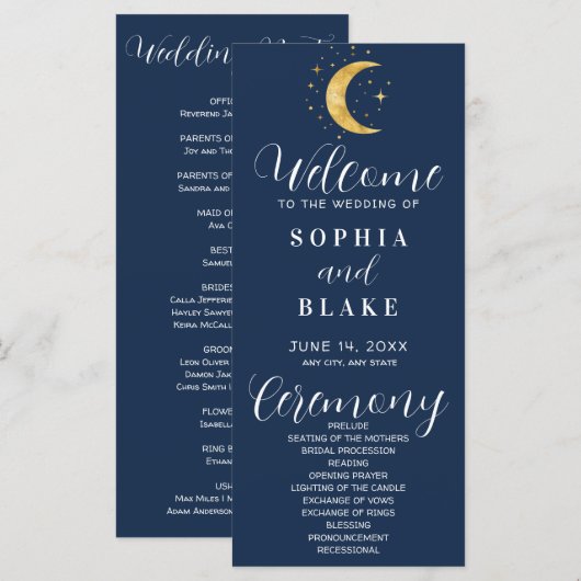 Crescent Moon Sterrennacht Navy Wedding Programme (Voorkant / Achterkant)