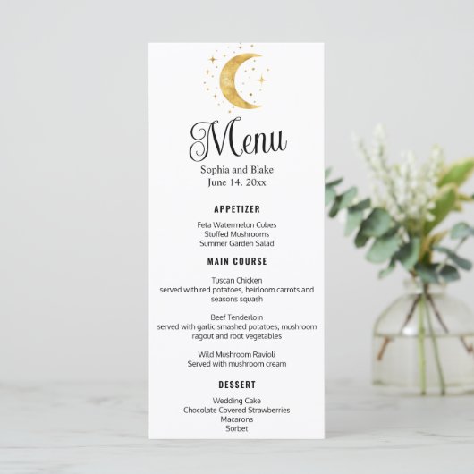 Crescent Moon Sterrennacht Wedding Flat Menu (Staand voorkant)
