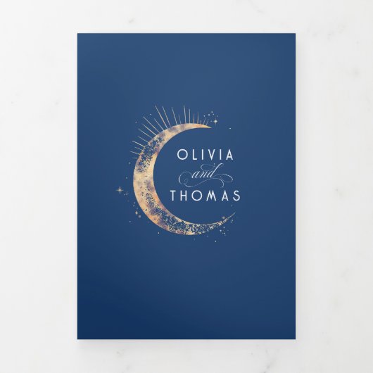 Crescent Moon Sun Halo hemelse bruiloft foto Drieluik Uitnodiging (Cover)