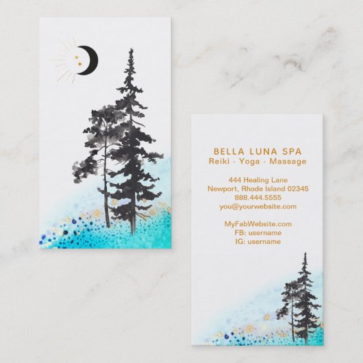 *~* Crescent Moon Trees Gold Stars Moon Beams Visitekaartje (Voorkant / Achterkant)