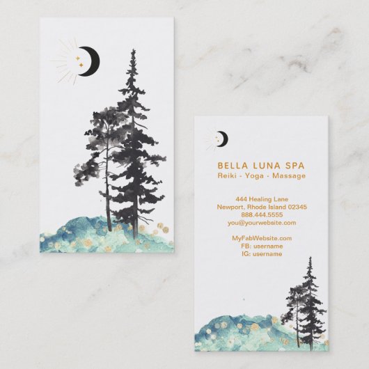 *~* Crescent Moon Trees Pine Gold Stars Glitter Visitekaartje (Voorkant / Achterkant)