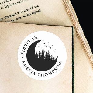 Crescent Moon Trees & Stars Ronde Ex Libris Boek Sticker
