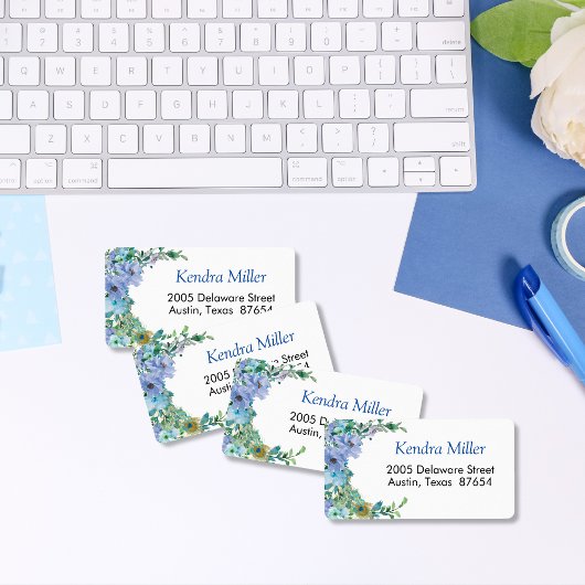 Crescent Sapphire Blue Floral Return Address Etiket