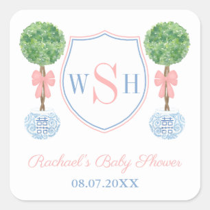Crest Baby shower Favor Classic Boxwood Monogram C Vierkante Sticker