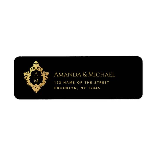 Crest Black Faux Gold Elegant bruiloft Monogram Etiket (Voorkant)