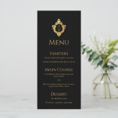 Crest Black Faux Gold Elegant bruiloft Monogram Menu (Staand voorkant)
