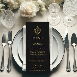 Crest Black Faux Gold Elegant bruiloft Monogram Menu