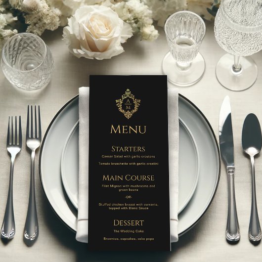 Crest Black Faux Gold Elegant bruiloft Monogram Menu