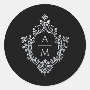 Crest Black Faux Zilveren Vintage bruiloft Monogra Ronde Sticker