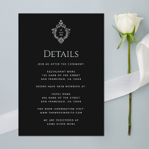 Crest Black Wedding Details Monogram Informatiekaartje