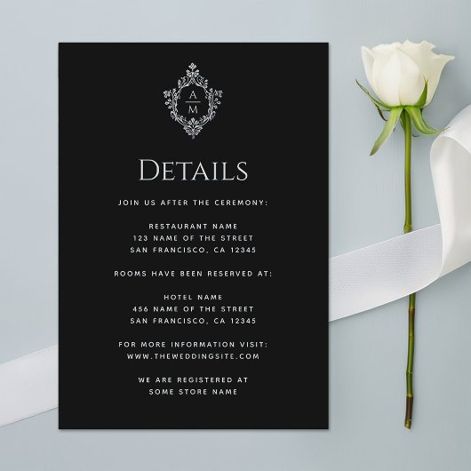 Crest Black Wedding Details Monogram Informatiekaartje