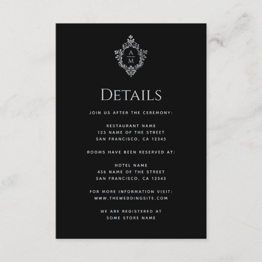Crest Black Wedding Details Monogram Informatiekaartje (Voorkant)