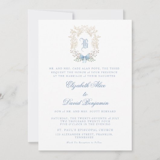 Crest Blue Initiaal huwelijksuitnodiging Kaart (Voorkant)