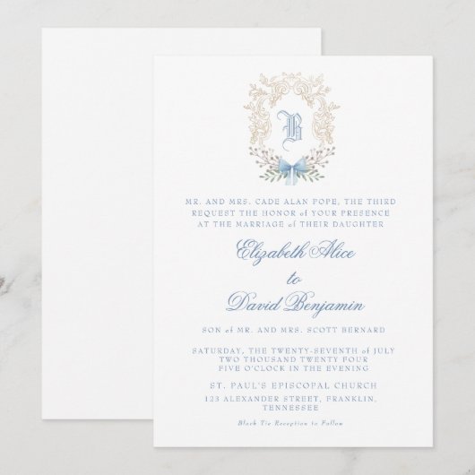 Crest Blue Initiaal huwelijksuitnodiging Kaart (Voorkant / Achterkant)