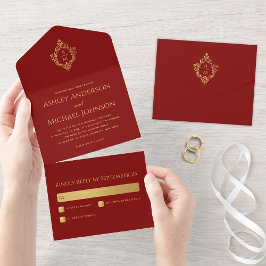 Crest Bourgondië Nepgoud Elegant Trouw Monogram All In One Uitnodiging