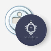 Crest Boy Baptism Favors Navy Blue Elegant  Button Flesopener (Voorkant)