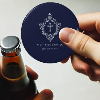 Crest Boy Baptism Favors Navy Blue Elegant  Button Flesopener