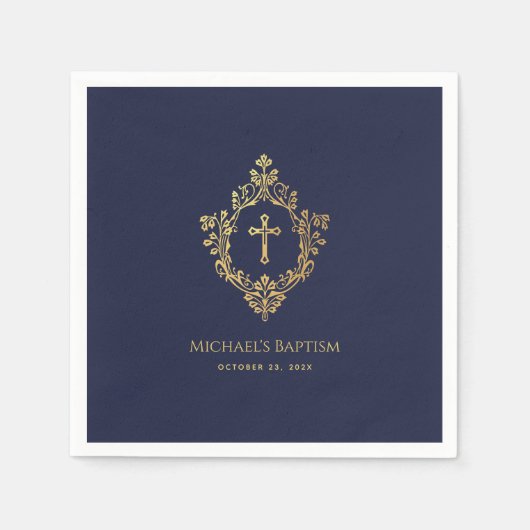 Crest Boy Doop Navy Blue Elegant Faux Gold Folie Servet (Voorkant)