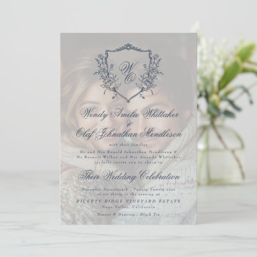  Crest Cream & Navy Overlay Foto Huwelijk Kaart (Staand voorkant)