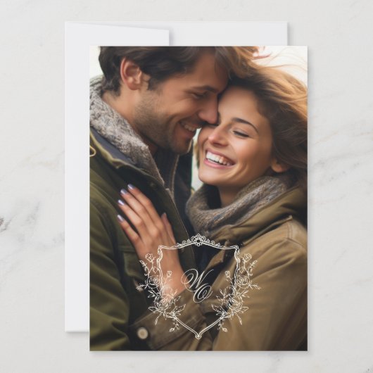  Crest Cream & Navy Overlay Foto Huwelijk Kaart (Achterkant)