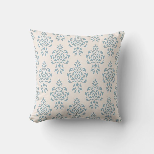 Crest Damask herhaalt patroon - blauw op crème Kussen (Voorkant)