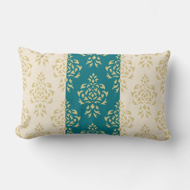 Crest Damask Patroon - Goud op Blauwgroen & Cream Kussen (Voorkant)