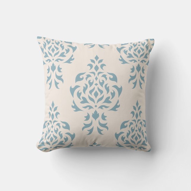 Crest Damask Pattern – Blauw op Crème Kussen (Voorkant)