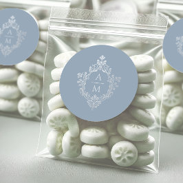 Crest Dusty Blue Monogram  Faux Silver Ronde Sticker
