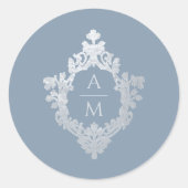 Crest Dusty Blue Monogram  Faux Silver Ronde Sticker (Voorkant)