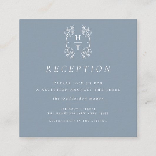 Crest Dusty Blue Receptie Wedding Informatiekaartje (Voorkant)