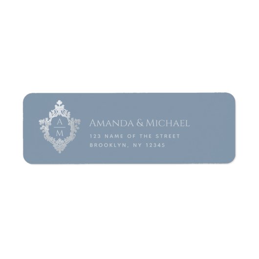 Crest Dusty Blue Wedding Monogram Elegant  Etiket (Voorkant)